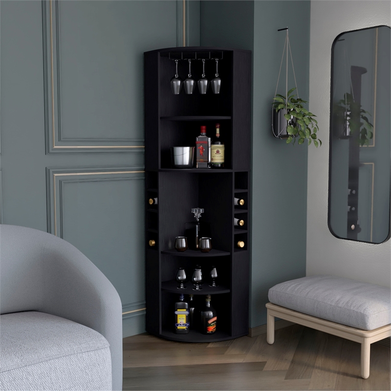 Pemberly Row Corner Bar Cabinet with Wine Storage 70.8in in Black