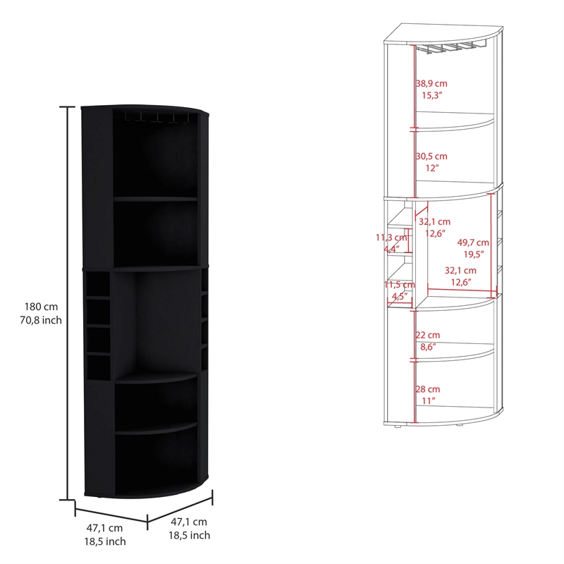 Pemberly Row Corner Bar Cabinet with Wine Storage 70.8in in Black