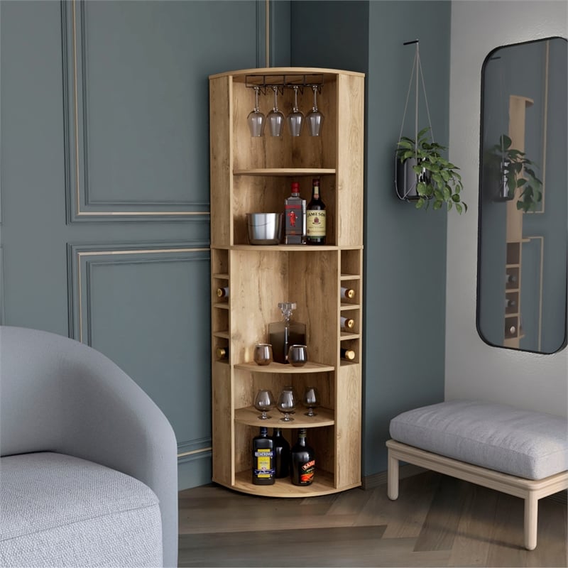 Pemberly Row Corner Bar Cabinet with Wine Storage 70.8in in Beige
