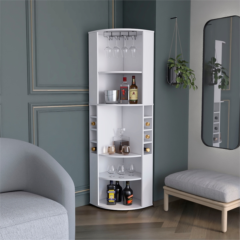 Pemberly Row Corner Bar Cabinet with Wine Storage 70.8in in White