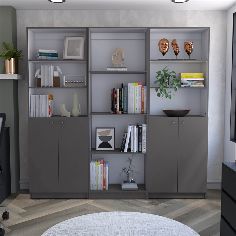 Pemberly Row 3 Piece Bookcase Set 71in Tall in Matt Gray and White