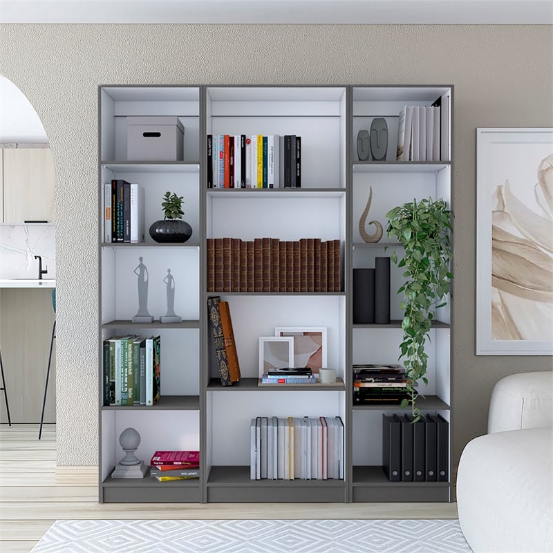 Pemberly Row 3 Piece Bookcase Set 71in Tall in Matt Gray and White