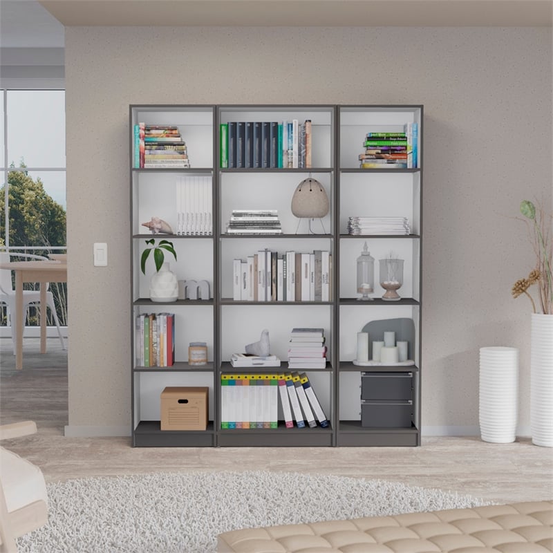 Pemberly Row 3 Piece Bookcase Set 71in Tall in Matt Gray and White