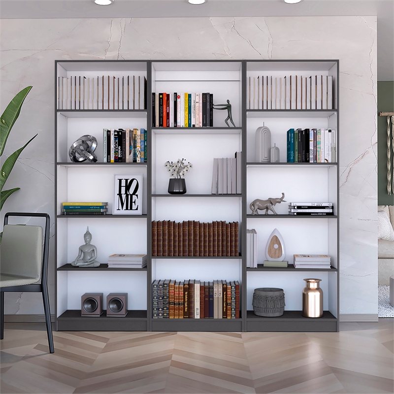 Pemberly Row 3 Piece Bookcase Set 71in Tall in Matt Gray and White