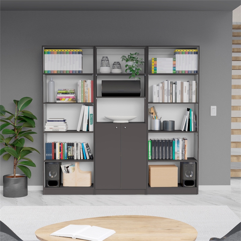 Pemberly Row 3 Piece Bookcase Set 71in Tall in Matt Gray and White