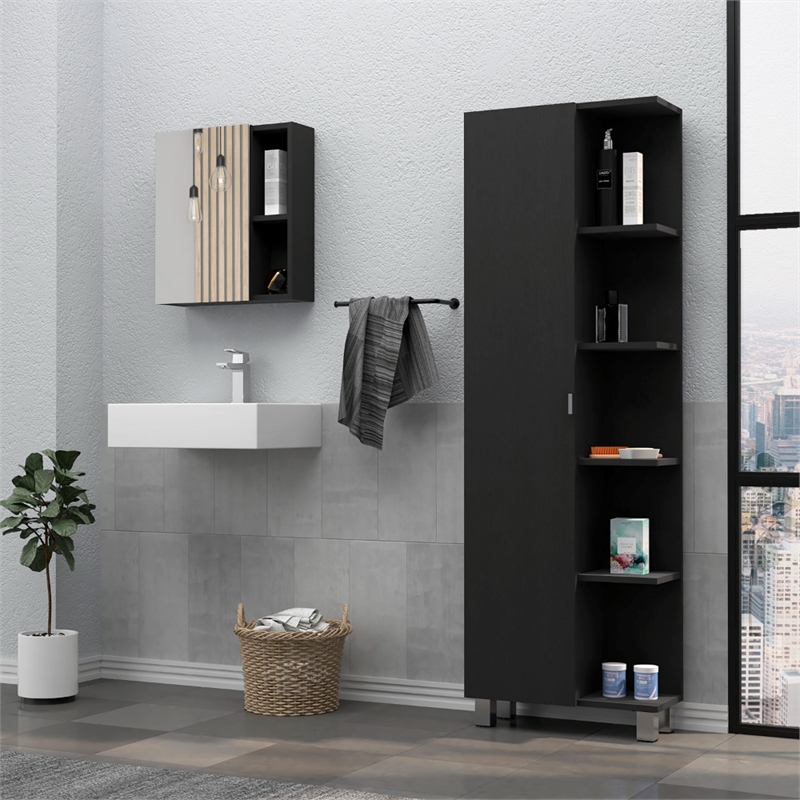 Pemberly Row 2 Piece Bathroom Set Linen and Medicine Cabinet in Black