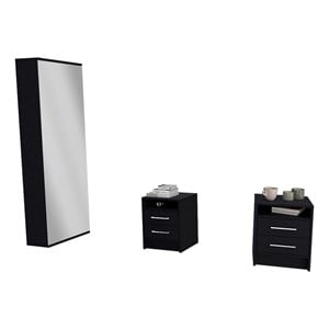 Pemberly Row 3 Piece Bedroom Set Shoe Rack and 2 Nightstands in Black