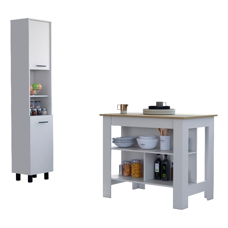 Pemberly Row 2 Piece Kitchen Set Island and Pantry in Multi-Color