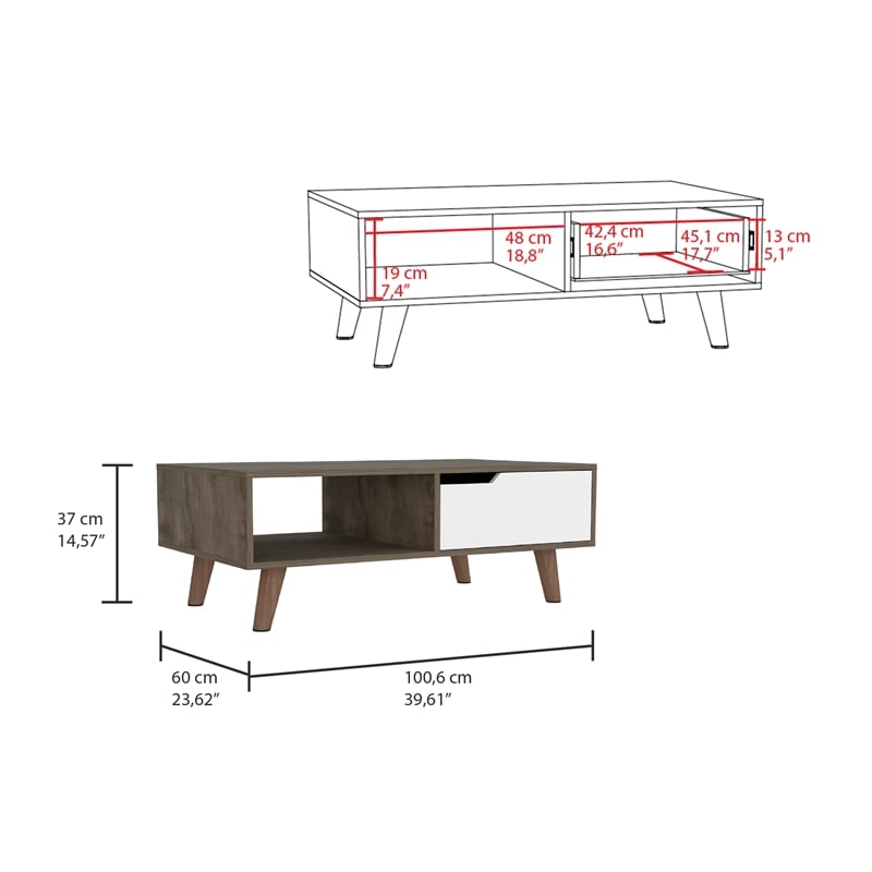Pemberly Row Coffee Table with Drawer and Shelf 39.6in in Dark Brown