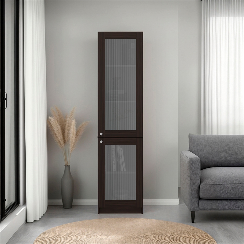 Pemberly Row Double Glass Door Display Cabinet with Shelves in Brown
