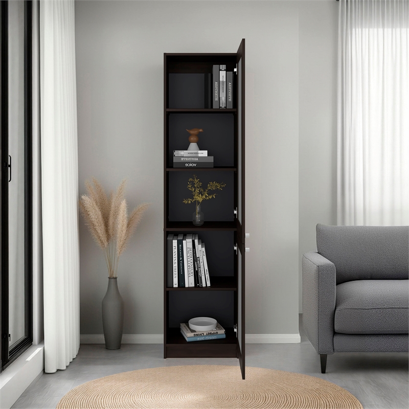 Pemberly Row Double Glass Door Display Cabinet with Shelves in Brown