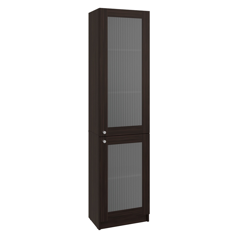Pemberly Row Double Glass Door Display Cabinet with Shelves in Brown