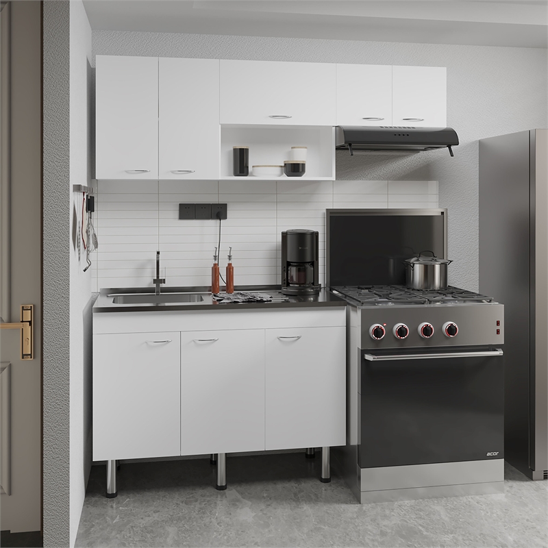 Pemberly Row Kitchen Cabinet Set with Stainless Utility Sink in White