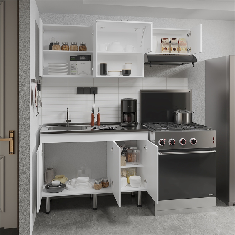 Pemberly Row Kitchen Cabinet Set with Stainless Utility Sink in White