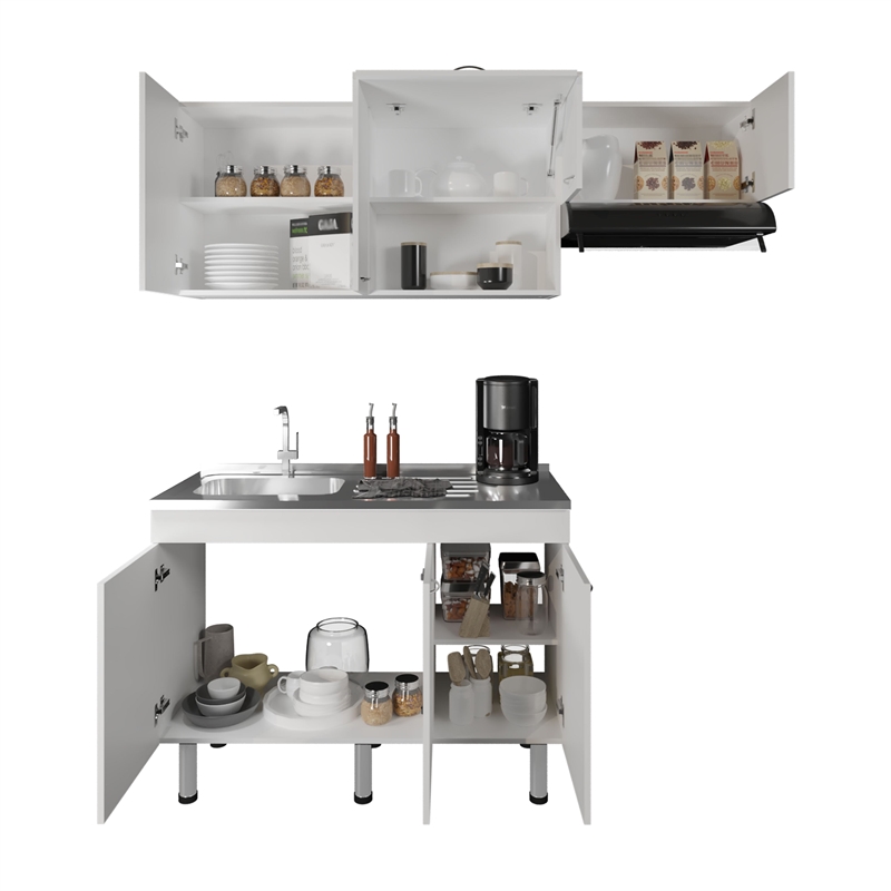 Pemberly Row Kitchen Cabinet Set with Stainless Utility Sink in White