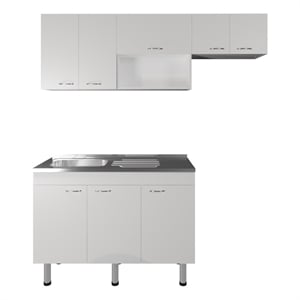 Pemberly Row Kitchen Cabinet Set with Stainless Utility Sink in White