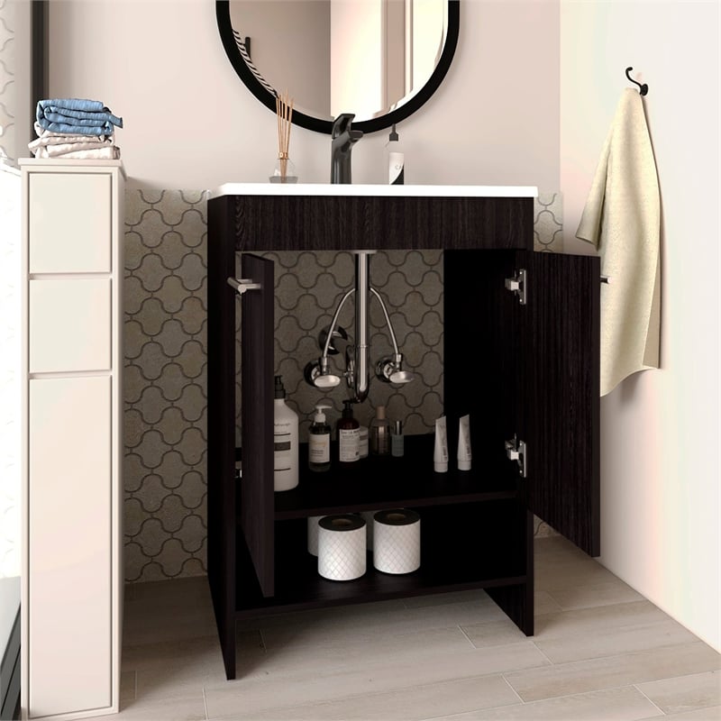 Pemberly Row Floor Bathroom Vanity with Drawers and Shelves in Black