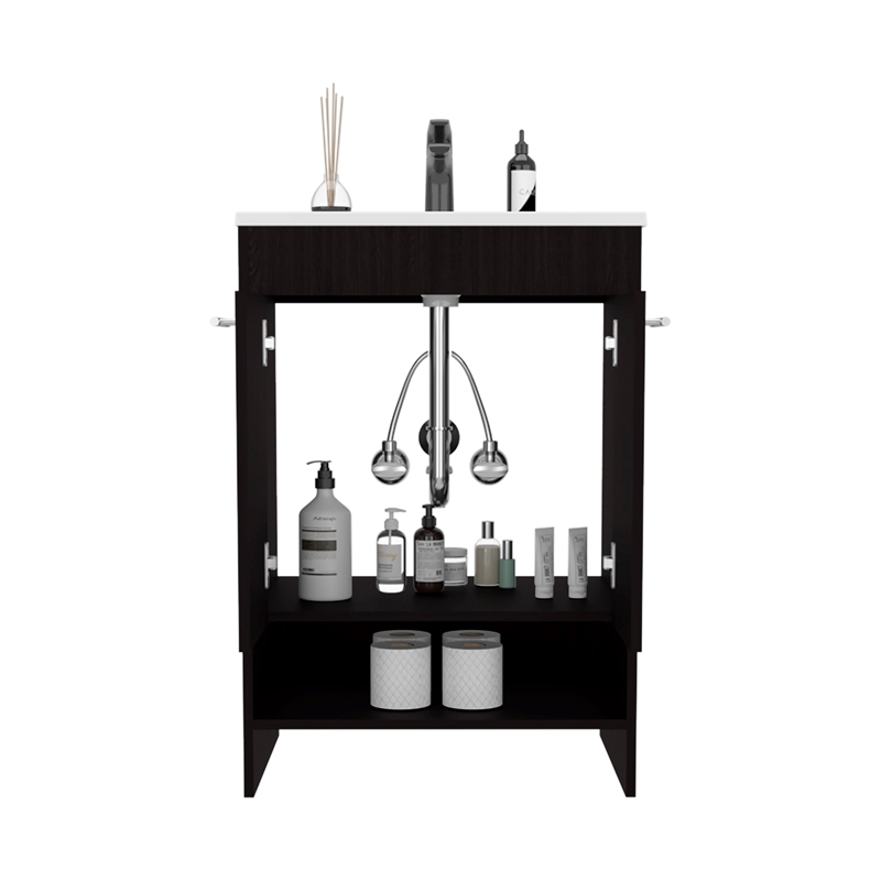 Pemberly Row Floor Bathroom Vanity with Drawers and Shelves in Black
