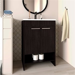 Pemberly Row Floor Bathroom Vanity with Drawers and Shelves in Black