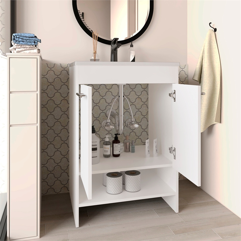 Pemberly Row Floor Bathroom Vanity with Drawers and Shelves in White