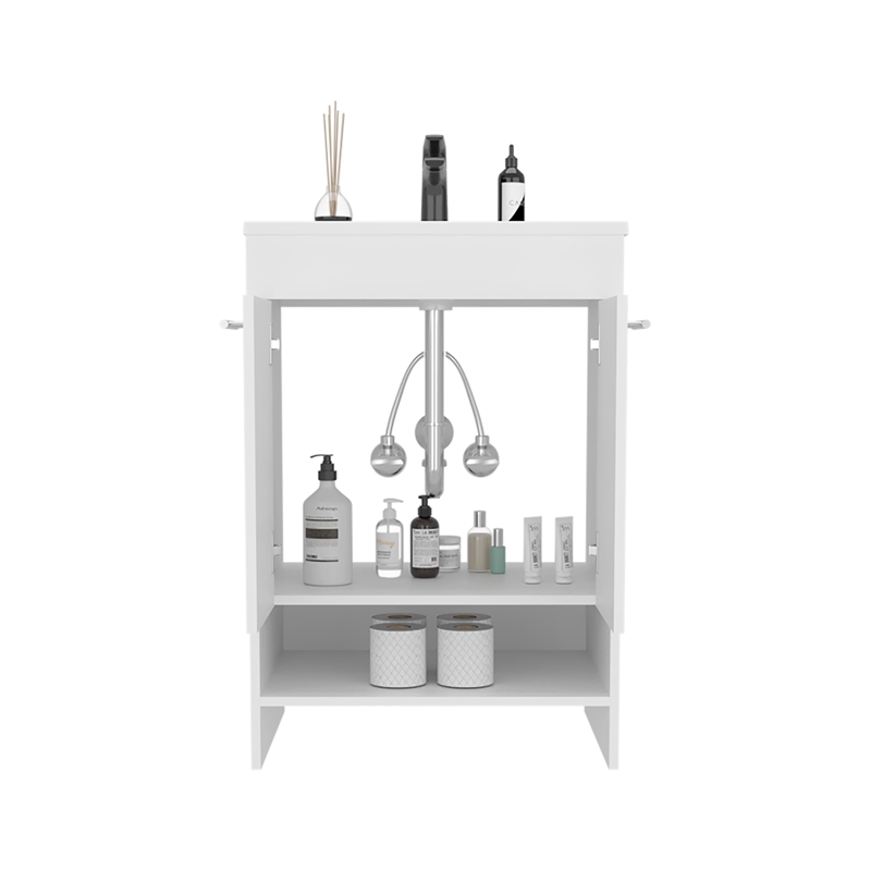 Pemberly Row Floor Bathroom Vanity with Drawers and Shelves in White