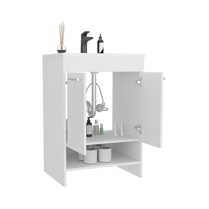 Pemberly Row Floor Bathroom Vanity with Drawers and Shelves in White