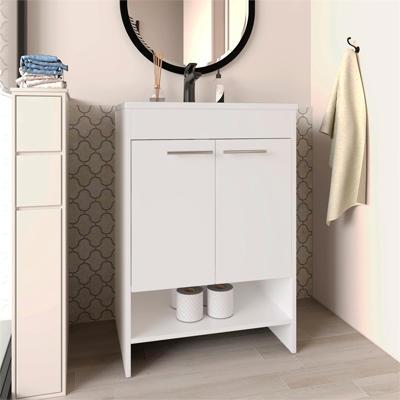 Pemberly Row Floor Bathroom Vanity with Drawers and Shelves in White