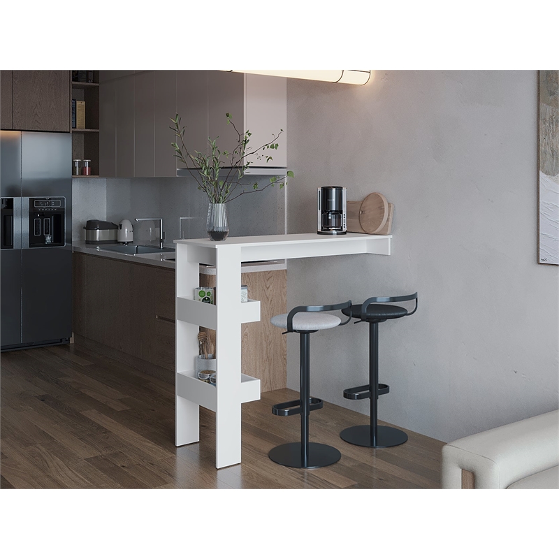 Pemberly Row Kitchen Counter Table with Storage Shelf in White