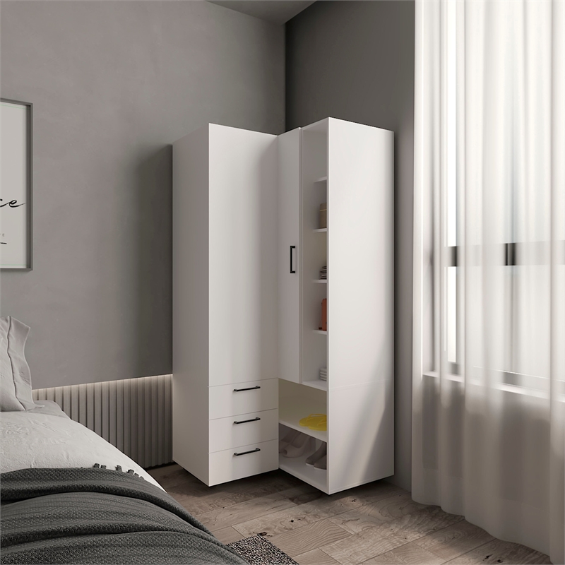 Pemberly Row Corner Wardrobe Armoire with Double Doors in White