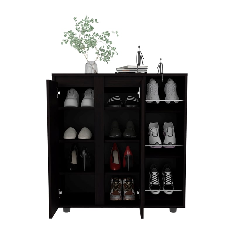 Pemberly Row 3 Tier Shoe Rack with Side Storage Tiers in Black