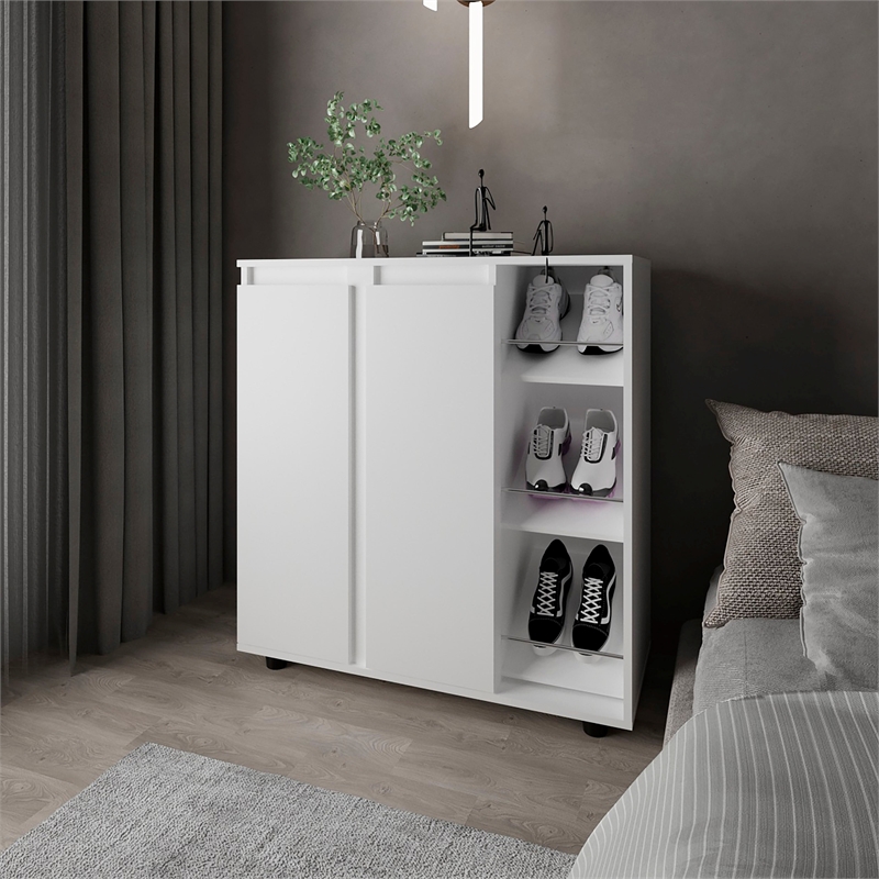 Pemberly Row 3 Tier Shoe Rack with Side Storage Tiers in White
