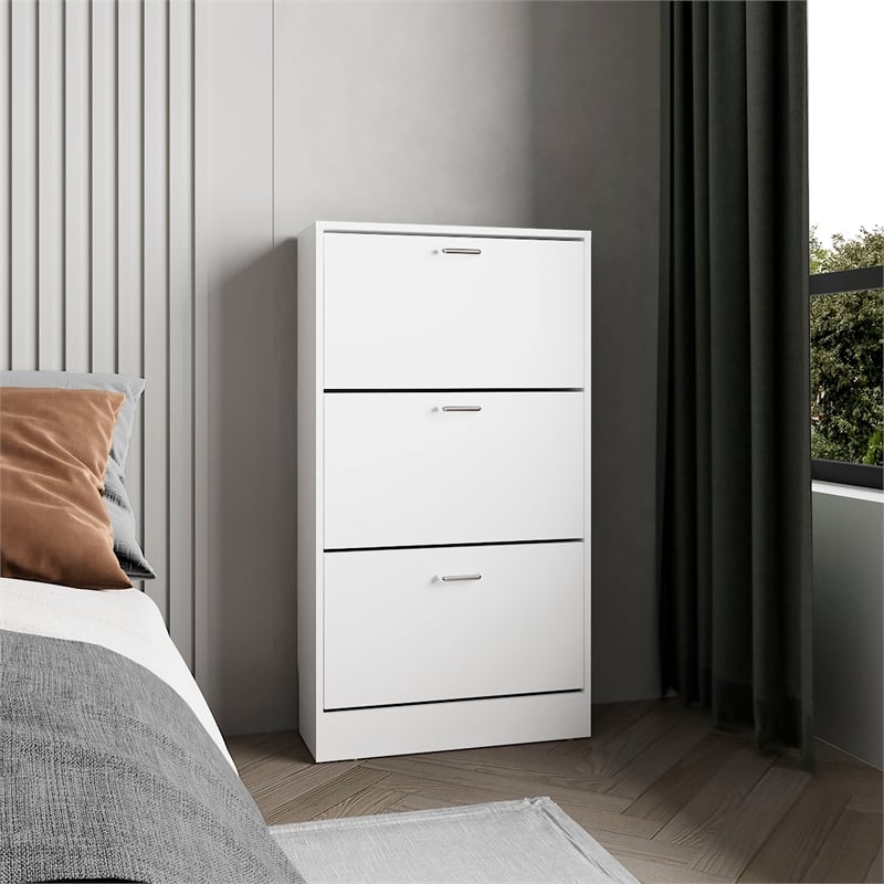 Pemberly Row 3 Tier Pull Down Shoe Cabinet 45in High in White