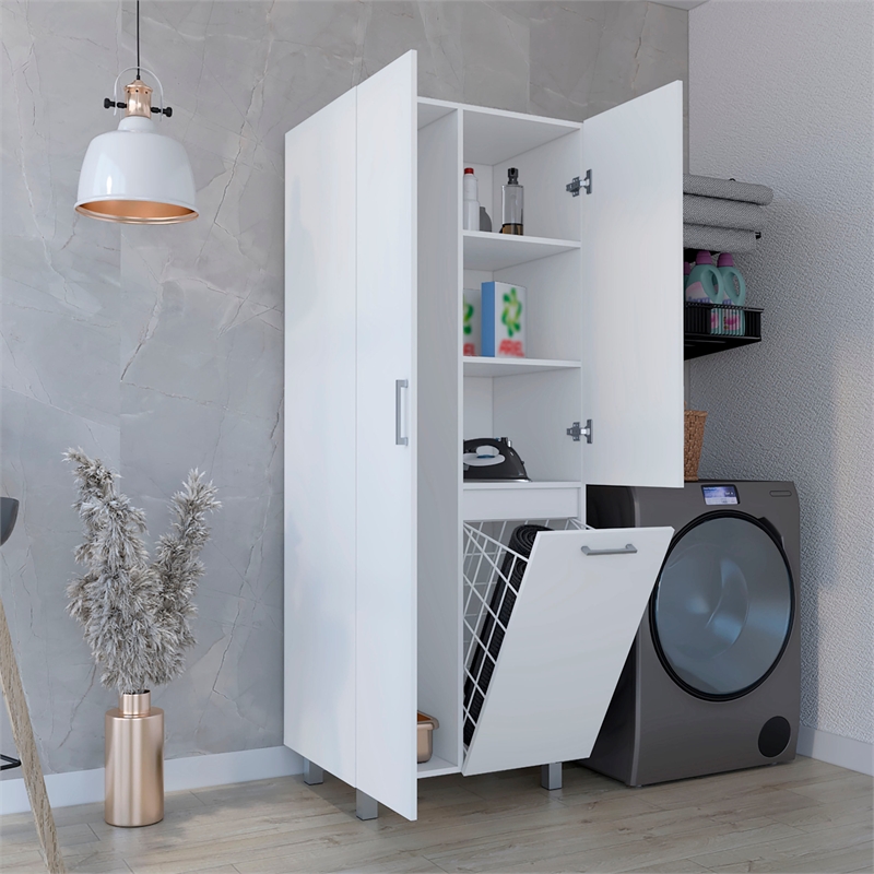 Pemberly Row 71in Bathroom and Laundry Cabinet with Hamper in White