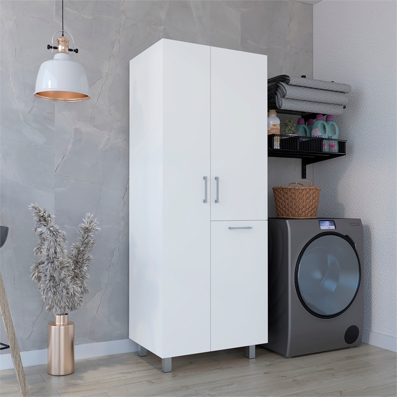 Pemberly Row 71in Bathroom and Laundry Cabinet with Hamper in White