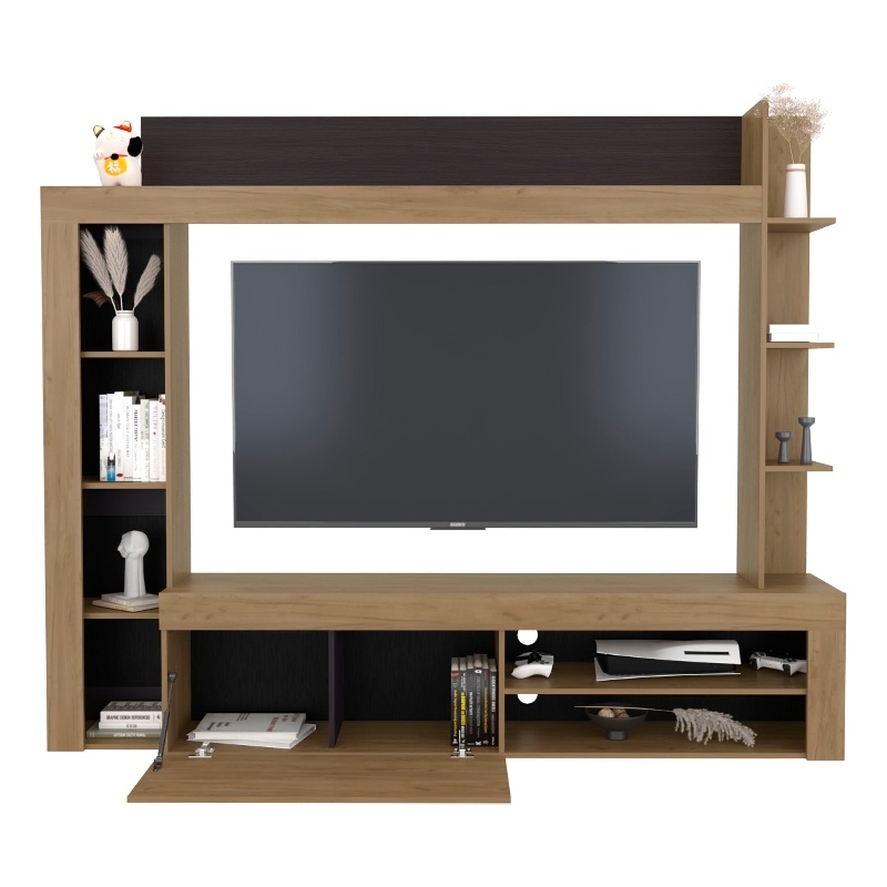 Pemberly Row Entertainment Center TV Stand in Natural Oak and Black