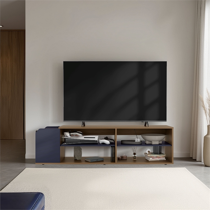 Pemberly Row TV Stand with Open Shelves in Blue and Natural Oak