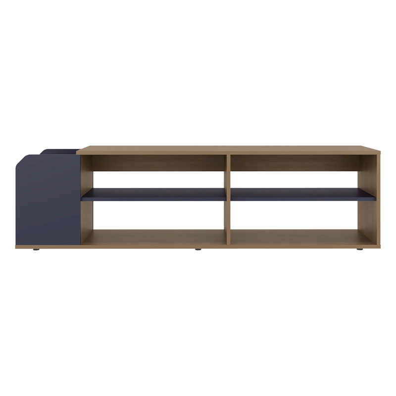 Pemberly Row TV Stand with Open Shelves in Blue and Natural Oak