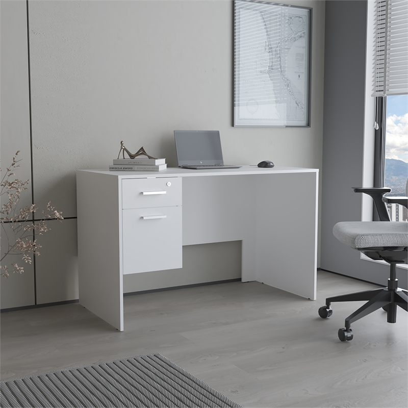 Pemberly Row Office Desk with Drawer and Shelves 47.4in in White