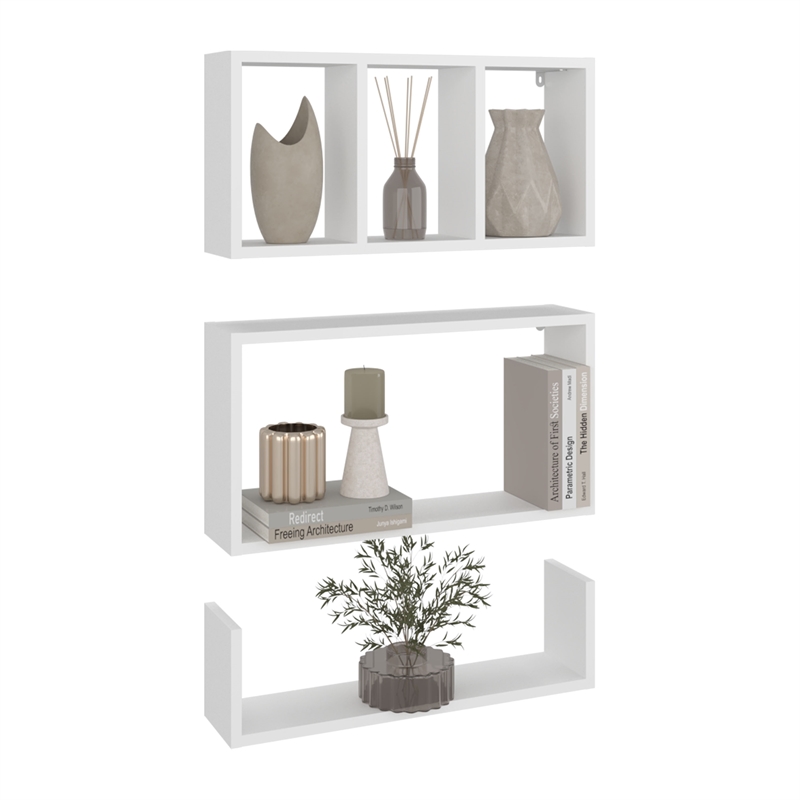 Pemberly Row Modern Floating Wall Display Shelves Set of 3 in White