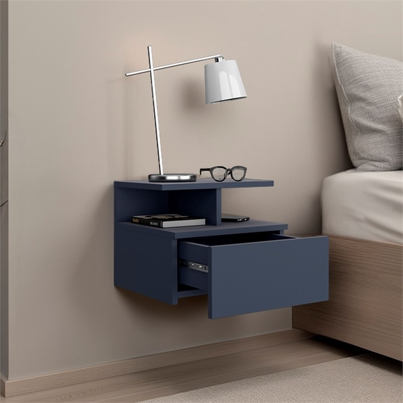 Pemberly Row Floating Nightstand with Drawer and Shelves in Blue