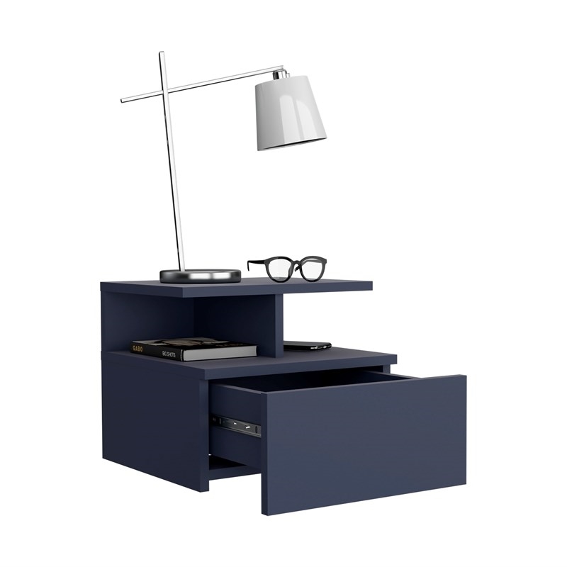 Pemberly Row Floating Nightstand with Drawer and Shelves in Blue