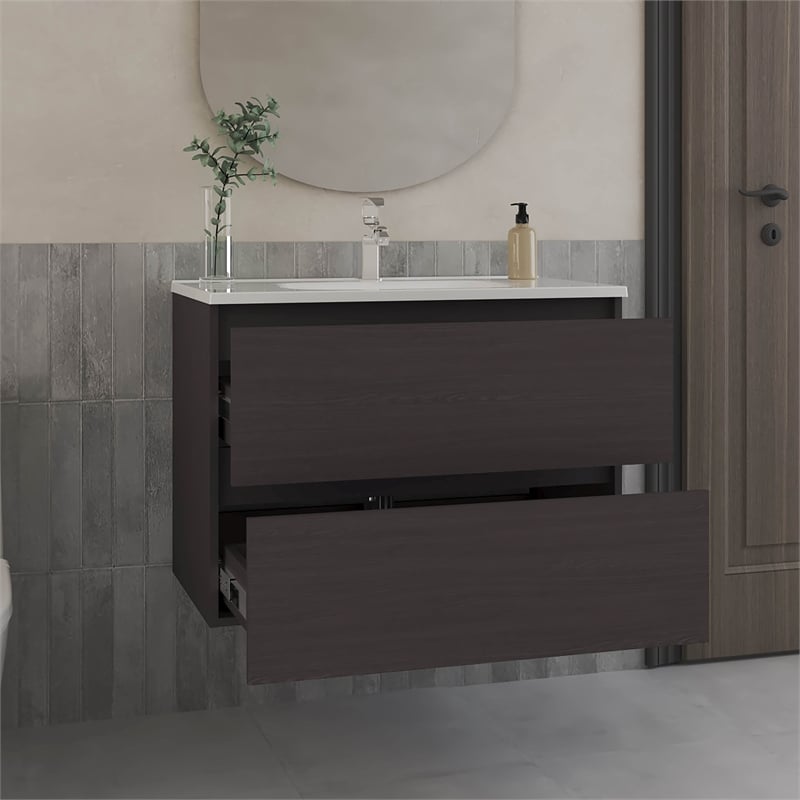 Pemberly Row Modern Bathroom Storage Cabinet with Shelves in Black