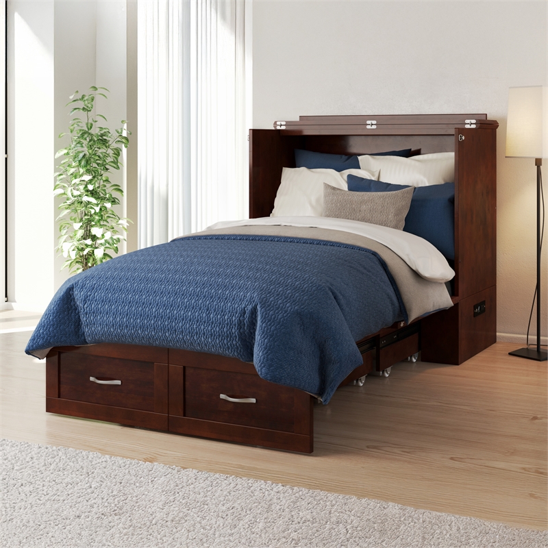 Pemberly Row Twin XL Murphy Bed Chest with Built-In Charger in Walnut