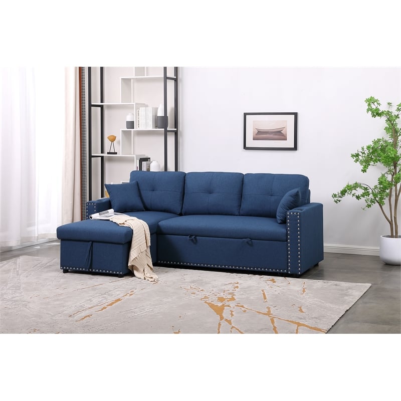 Pemberly Row Reversible Sleeper Sofa with Storage and Cup Holders in Blue