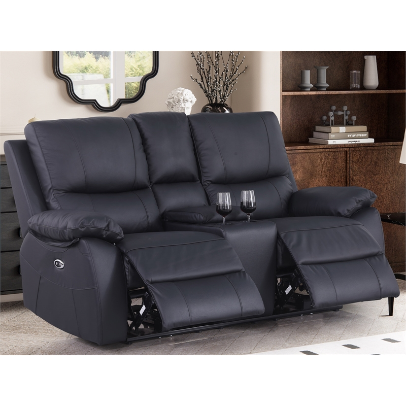 Pemberly Row Leather Power Loveseat Recliner with Storage in Black