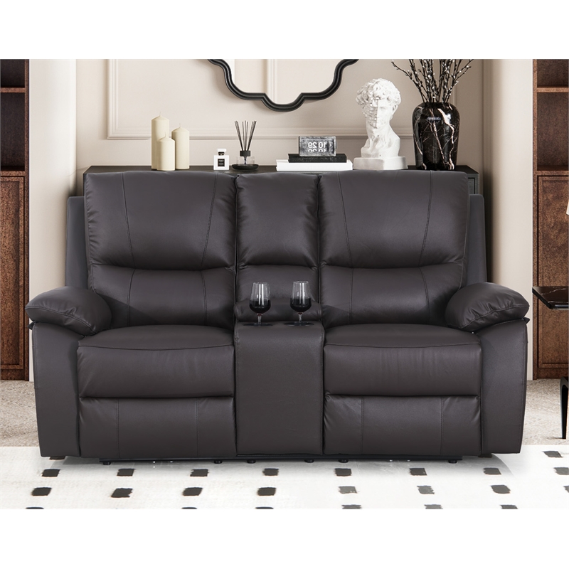 Pemberly Row Leather Power Loveseat Recliner with Storage in Brown