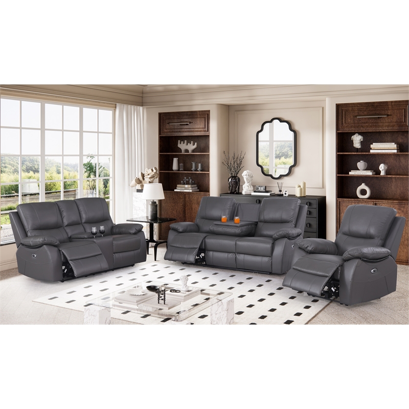 Pemberly Row Leather Power Reclining 3-Seater Sofa with Cupholder in Gray