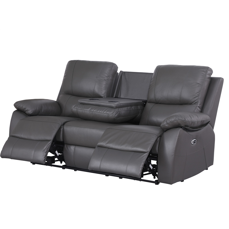 Pemberly Row Leather Power Reclining 3-Seater Sofa with Cupholder in Gray
