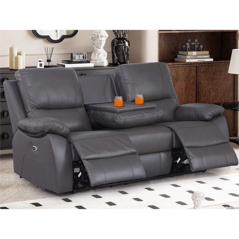 Pemberly Row Leather Power Reclining 3-Seater Sofa with Cupholder in Gray