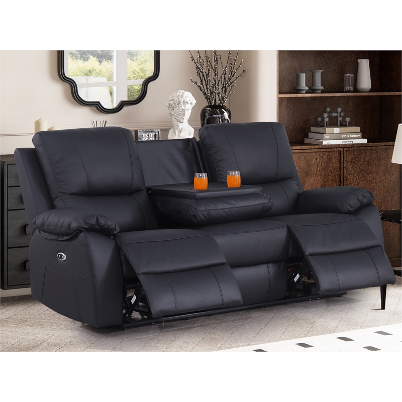 Pemberly Row Leather Power Reclining 3-Seater Sofa with Cupholder in Black